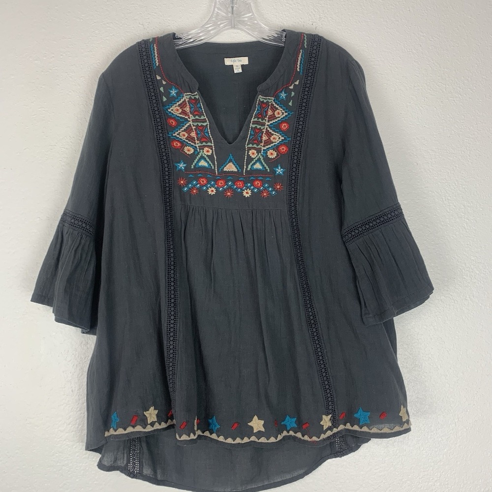 Kyla Seo Top Small Embroidered Peasant Floral Embroidery Blouse Boho Hippie S